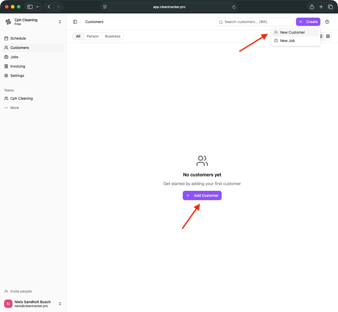 Customers page with the Create customer action highlighted.