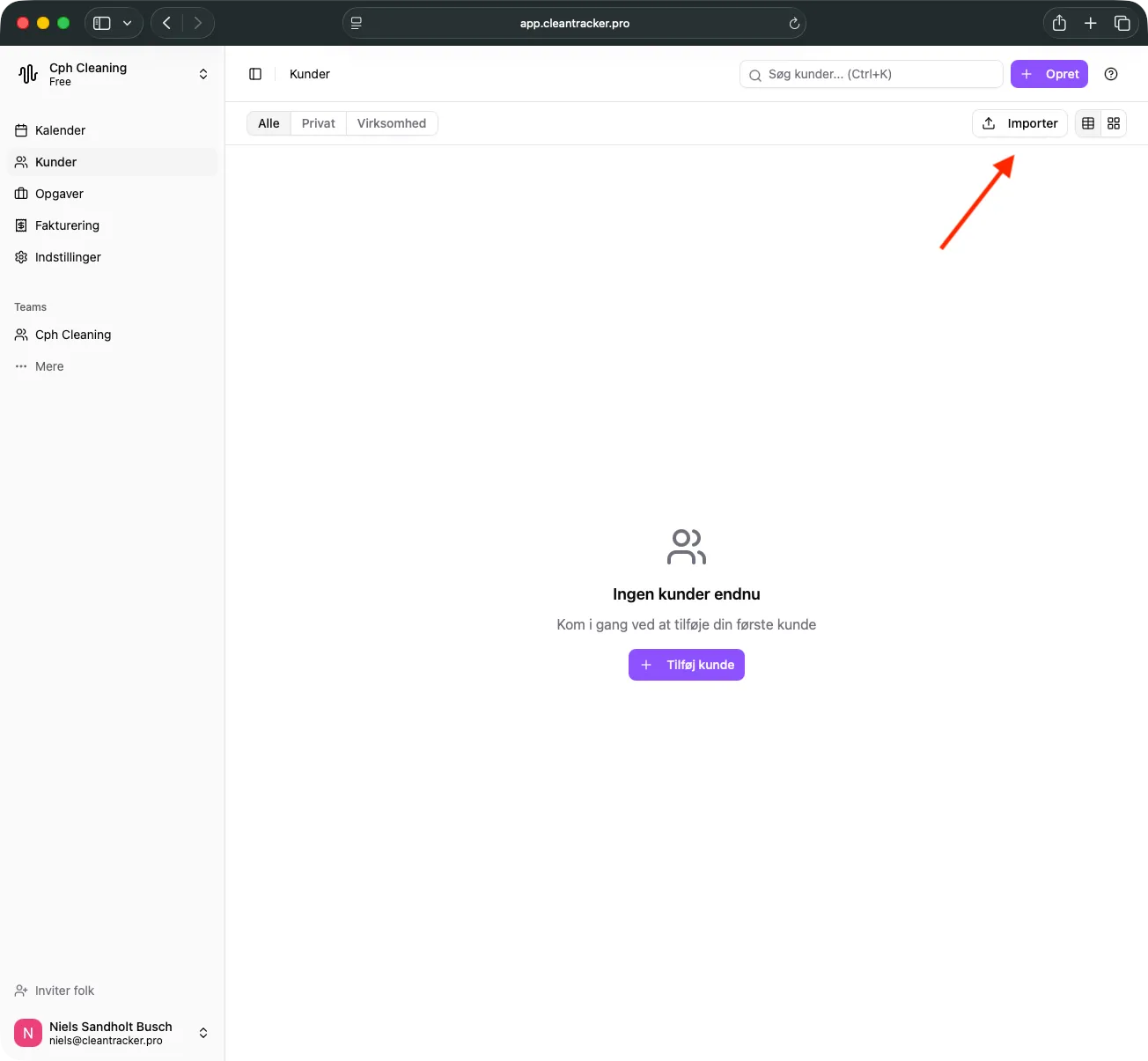 Import-dialogen til kunder med CSV- eller Excel-import.