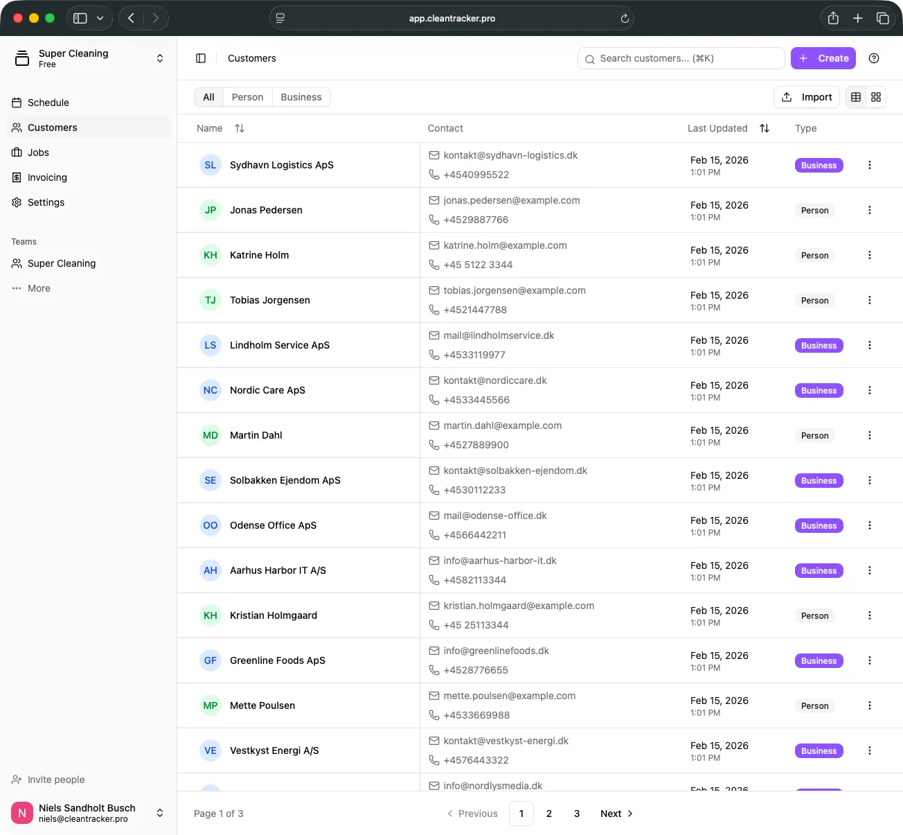 Customer list showing the newly created customers.
