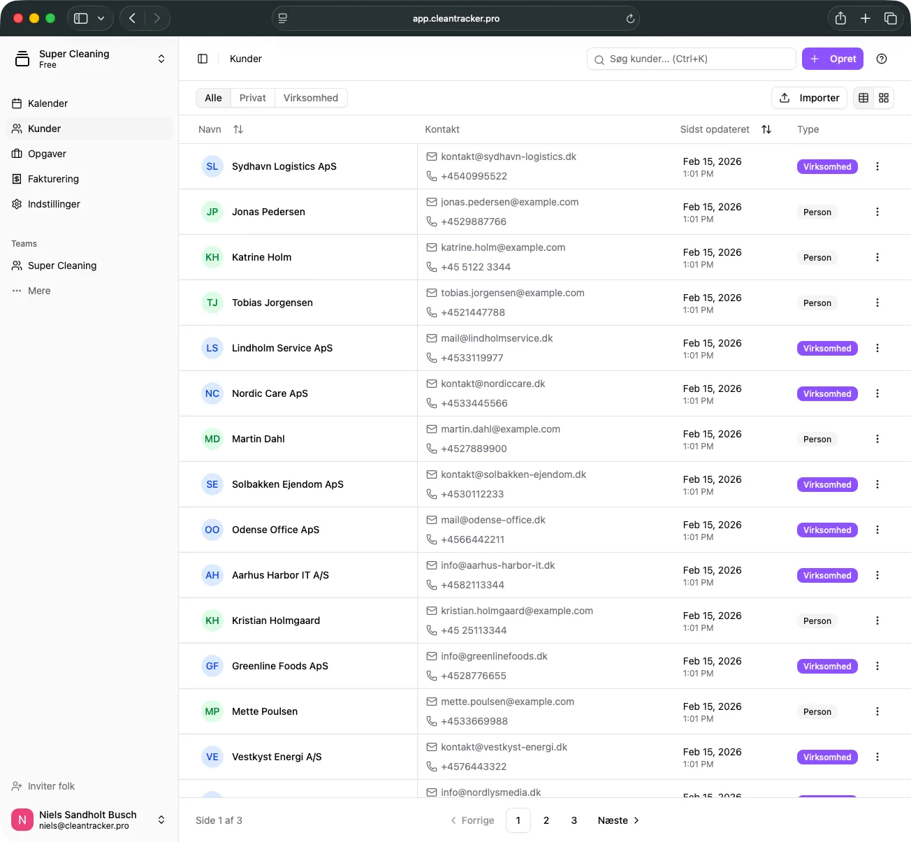 Kundelisten med de nyligt oprettede kunder.