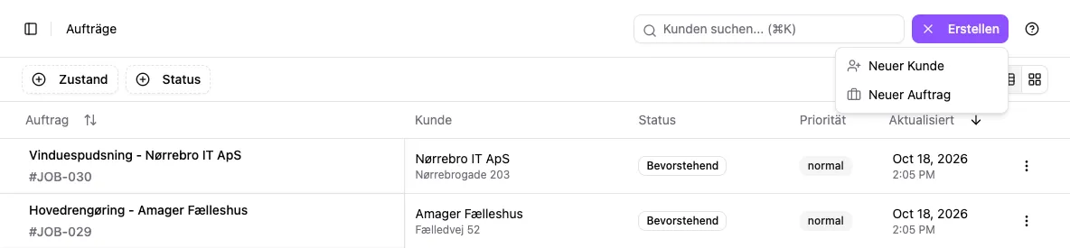 Auftragsübersicht mit dem Menü Erstellen und dem Eintrag Neuer Auftrag.