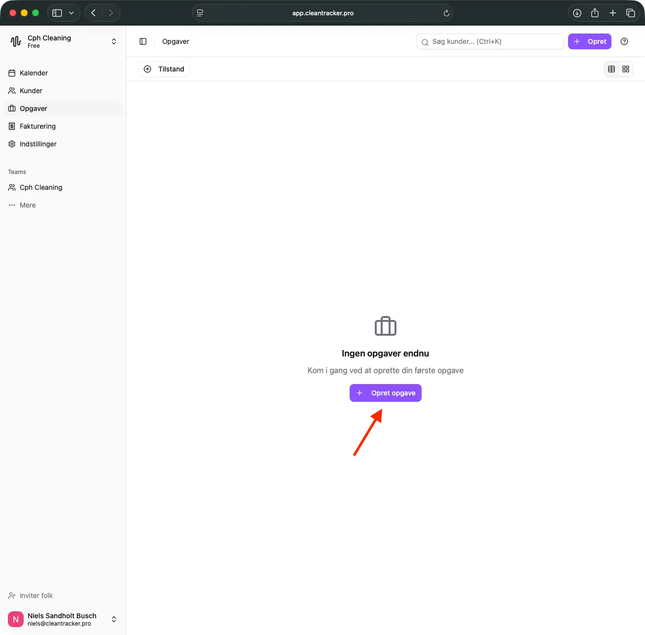 Job-oversigten med knappen til at oprette en nyt opgave.