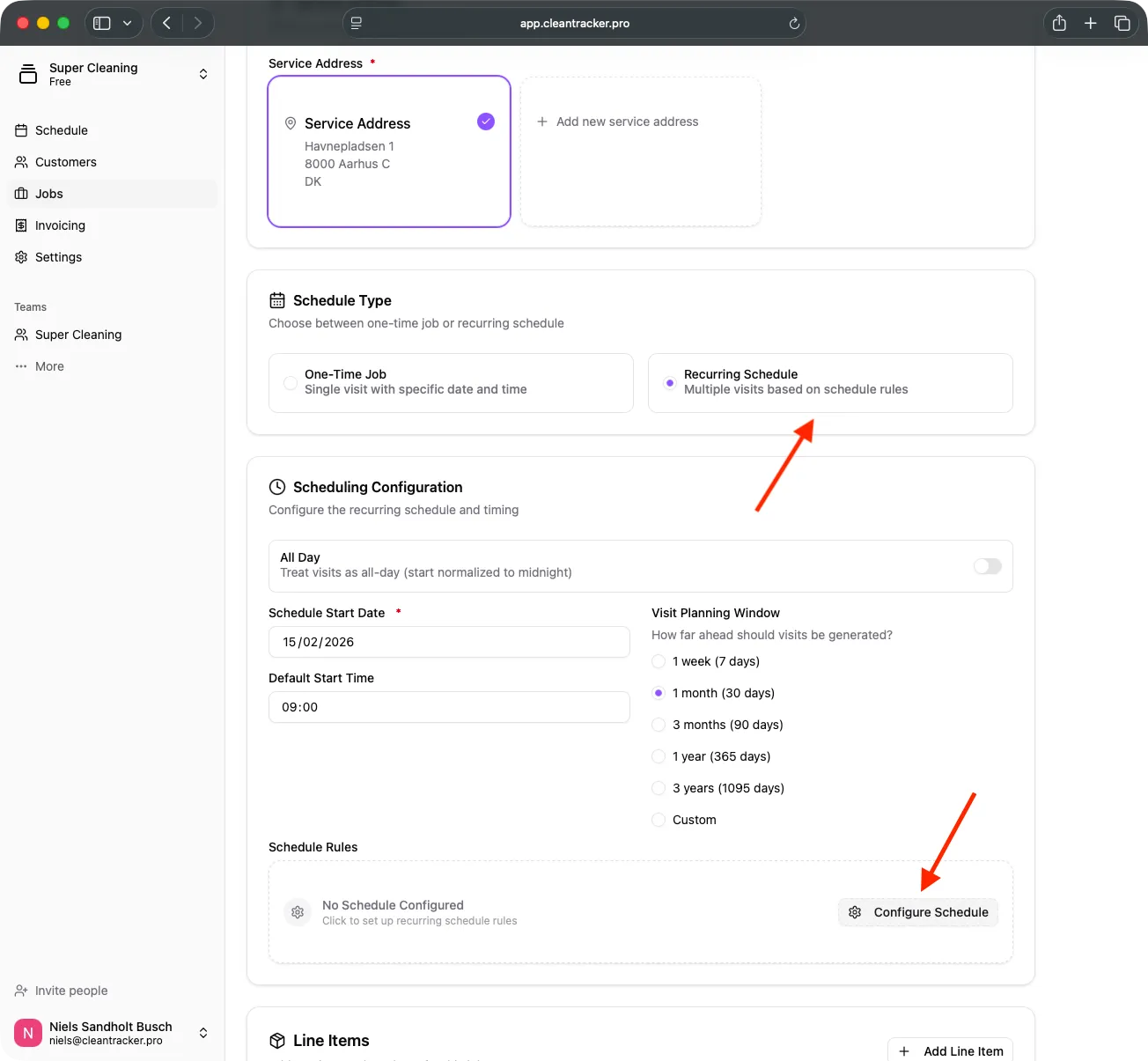 Recurring schedule settings for a job.