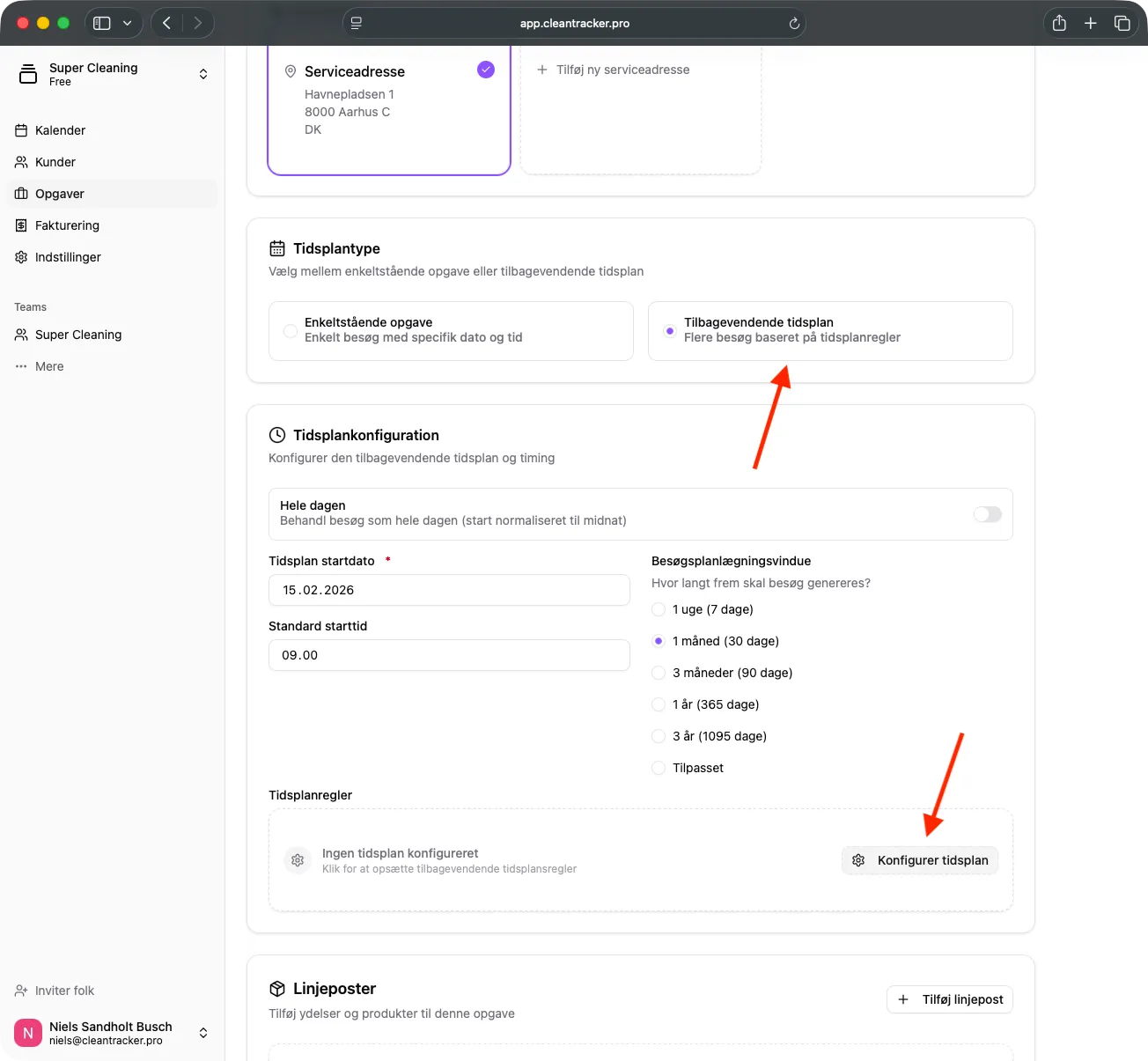 Gentagelsesindstillinger for en opgave.