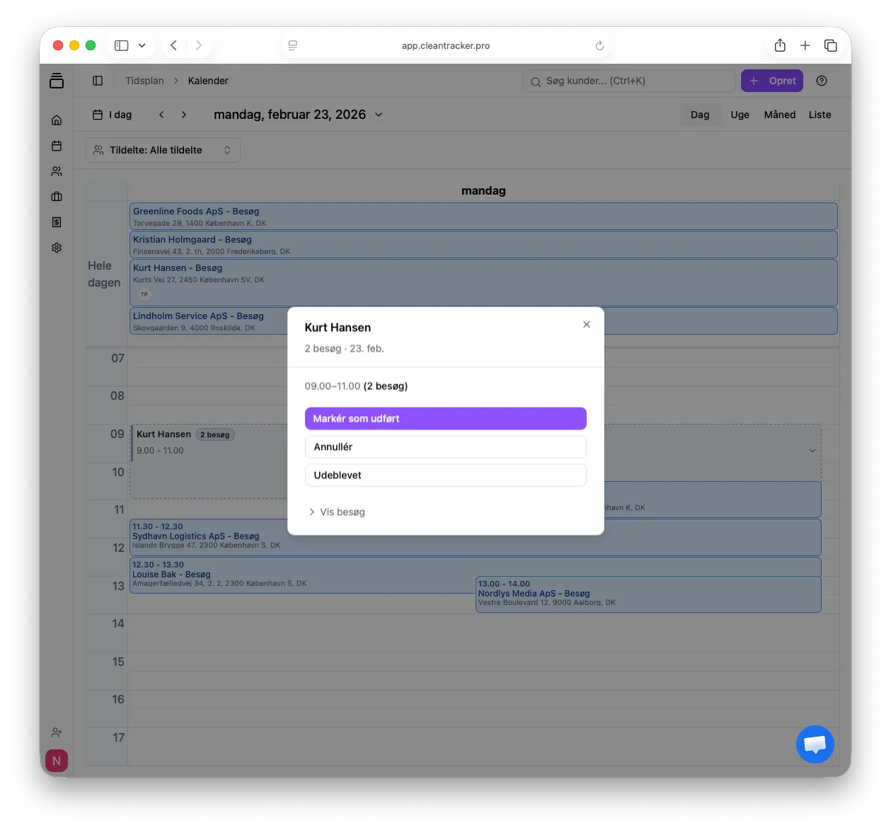 CleanTracker dialog for en grupperet kalenderpost med 2 besøg og handlingen Marker som udført.