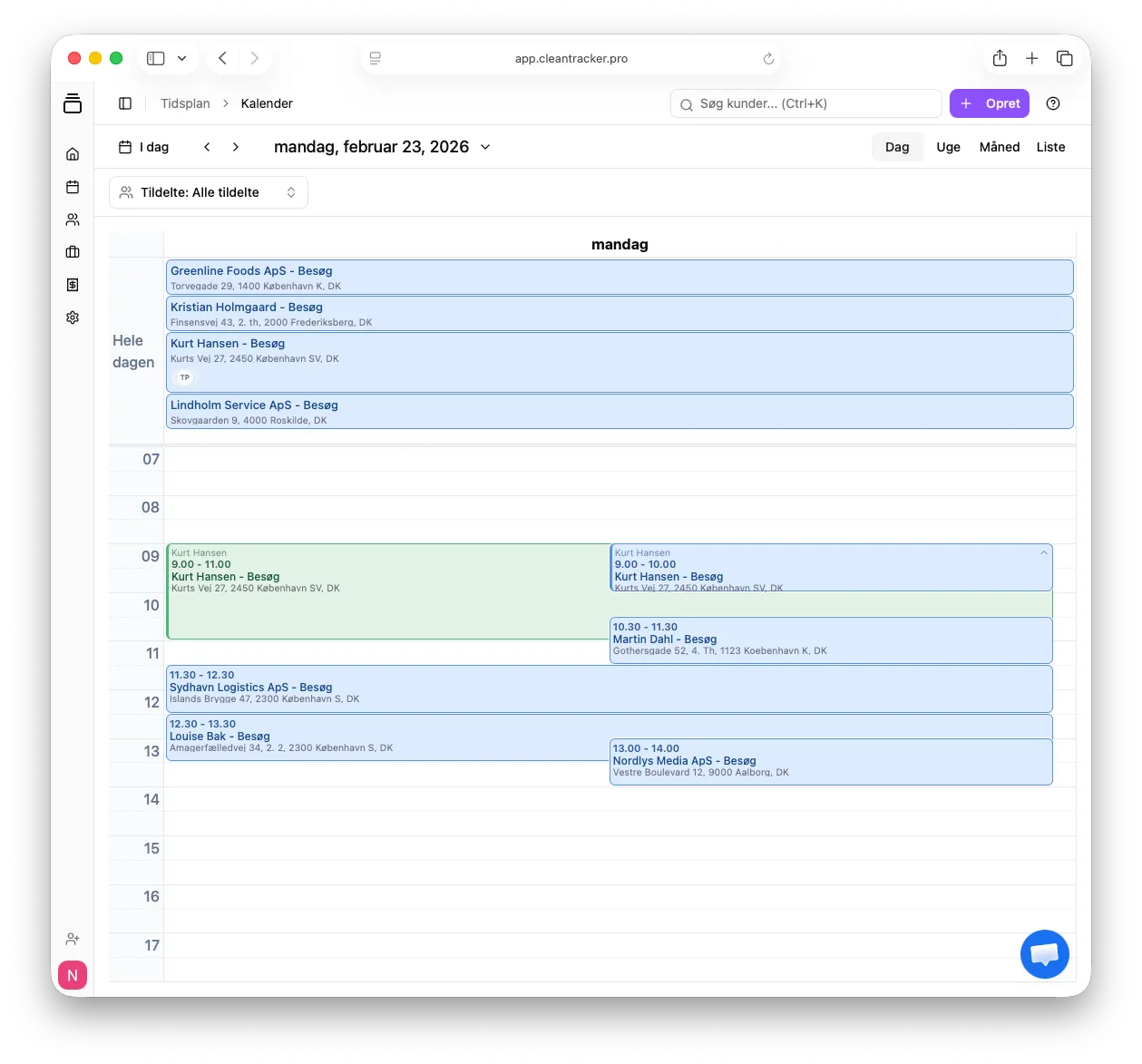 CleanTracker kalender hvor en grupperet aftale er udvidet, så de individuelle besøg vises separat.