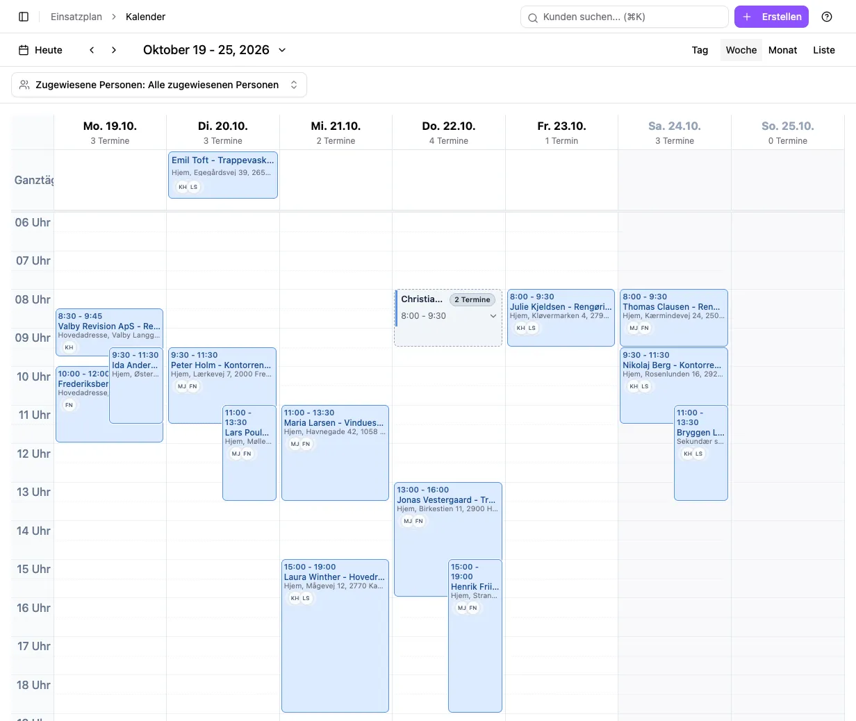 Deutscher CleanTracker-Kalender mit geplanten Einsätzen nach Wochentag und Uhrzeit.