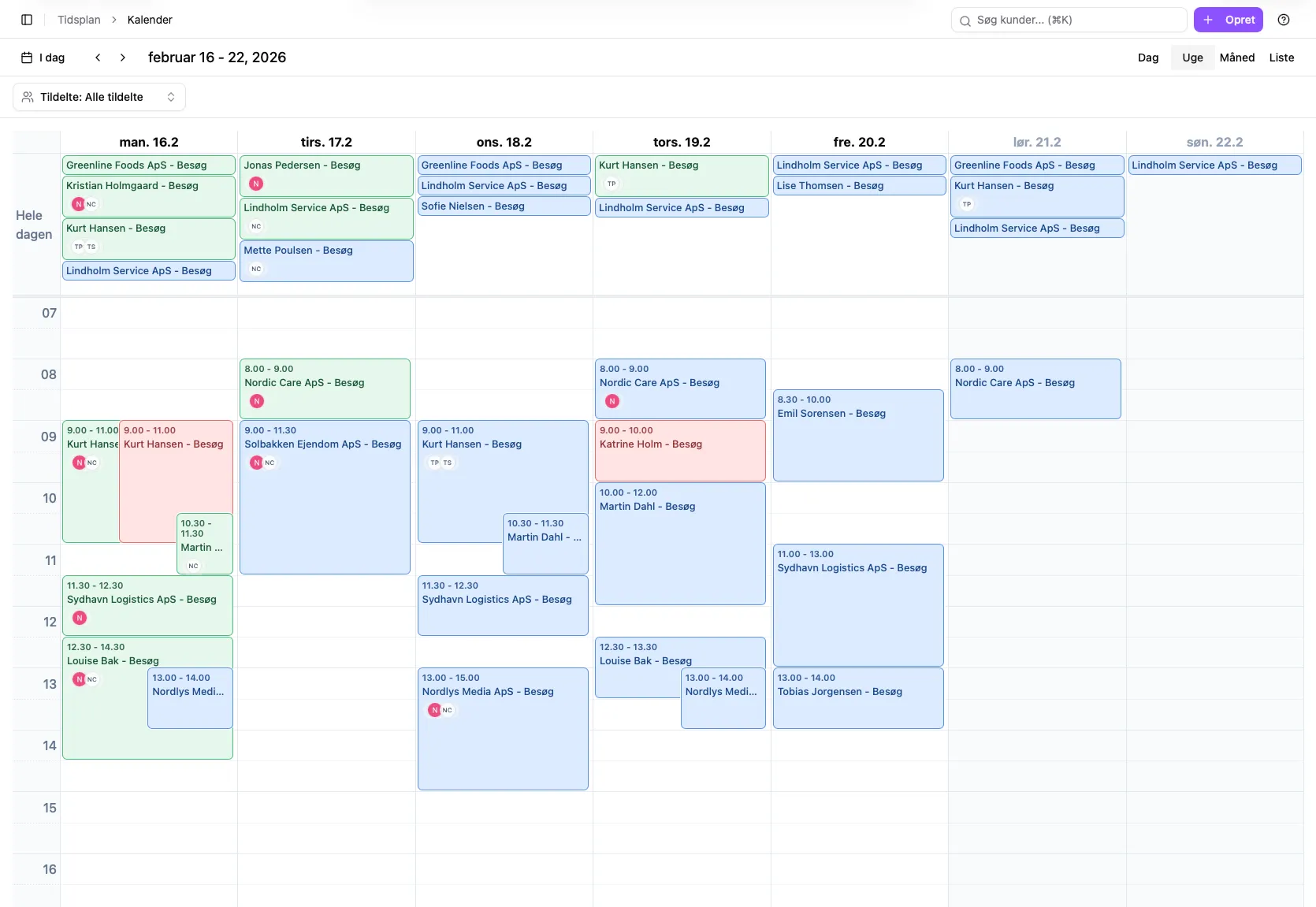CleanTracker-kalender i ugeoversigt med planlagte rengøringsopgaver.