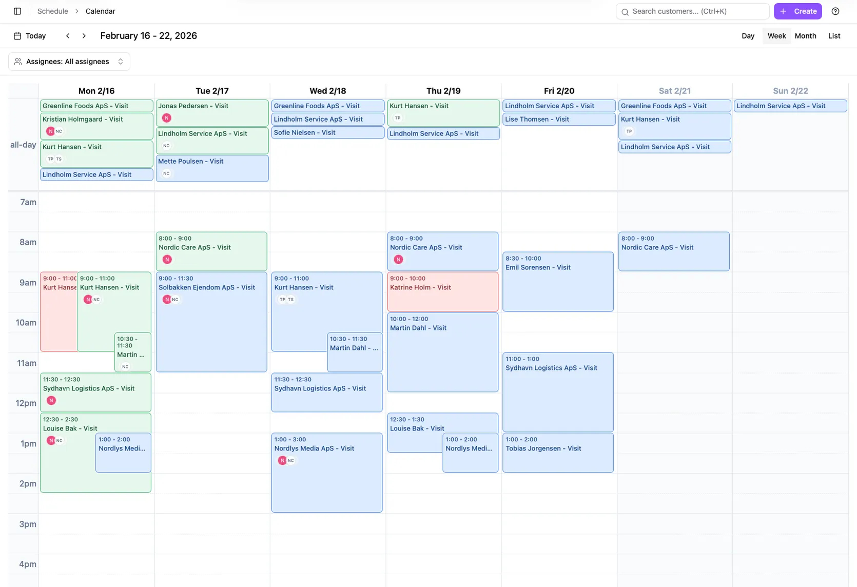 CleanTracker calendar in weekly view showing scheduled cleaning jobs.