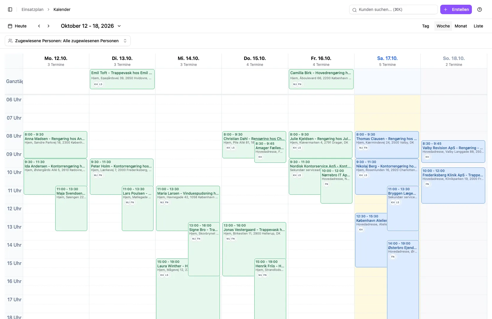 CleanTracker-Wochenkalender mit geplanten Reinigungsterminen.