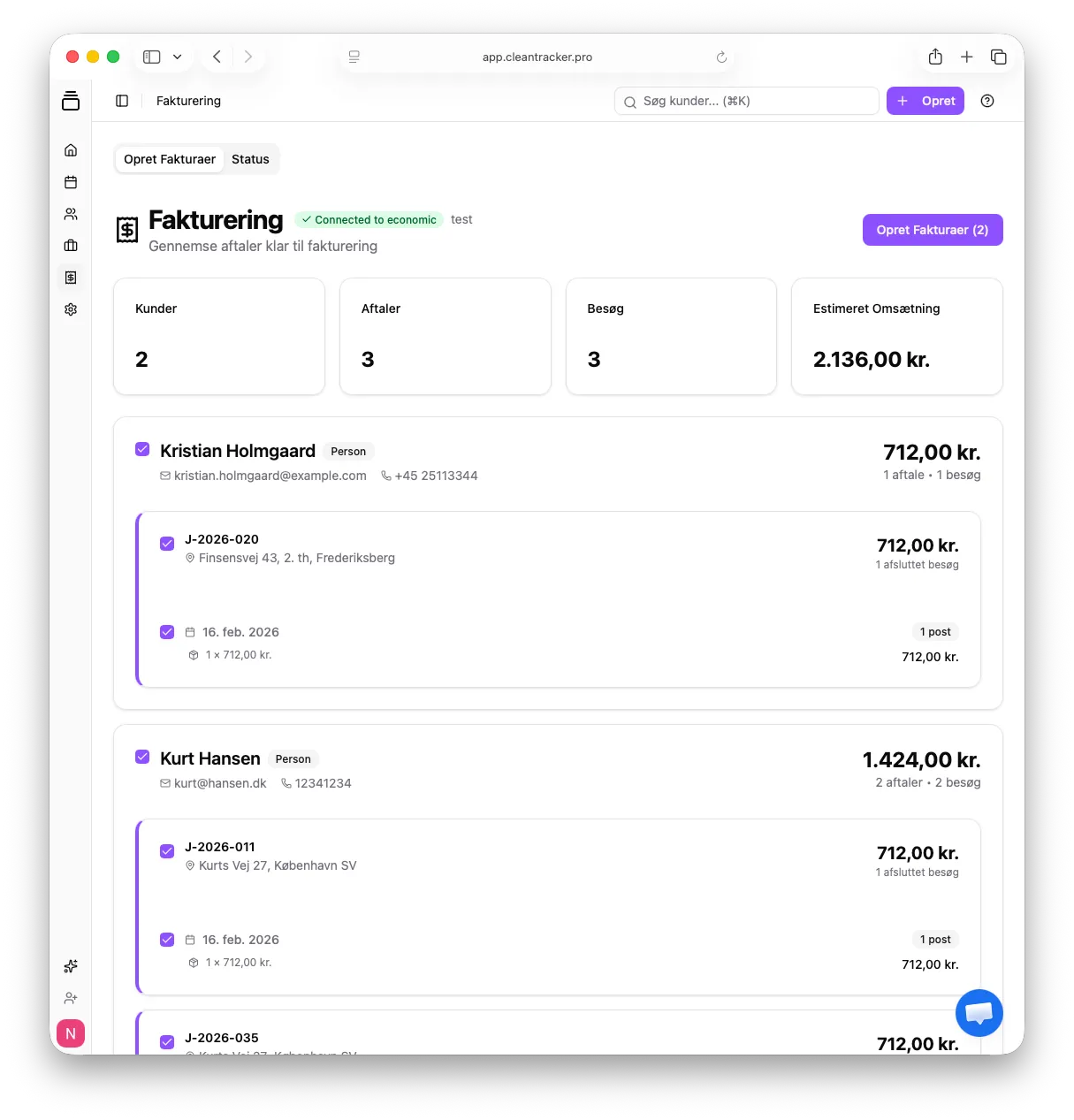 Fakturering i CleanTracker med kunder, aftaler, afsluttede besøg og beløb klar til fakturering.
