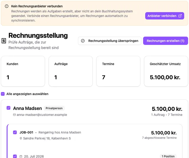 Abrechnung mit ausgewählten abgeschlossenen Terminen, Kunden- und Auftragsdetails und der Aktion zum Erstellen von Rechnungen.