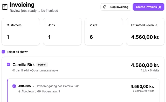 Invoicing with completed visits selected, customer and job details, and the create invoices action.