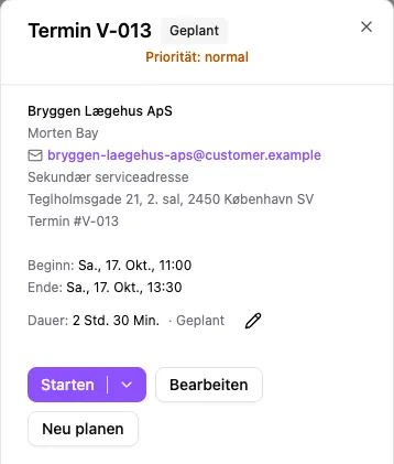 Mobile Terminübersicht mit Kunde, Adresse, Uhrzeit und Schaltfläche zum Starten des Termins.