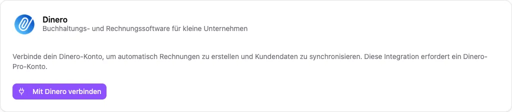 Dinero-Integration in CleanTracker mit der Schaltfläche Mit Dinero verbinden und dem Hinweis auf ein erforderliches Dinero-Pro-Konto.