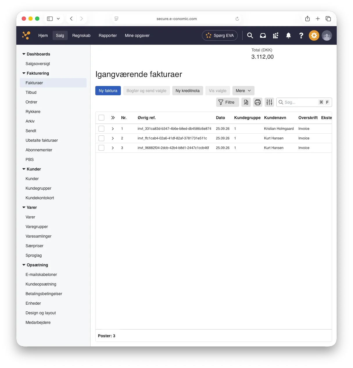 Draft invoices created by CleanTracker in e-conomic, shown in the ongoing invoices list in the Danish interface.