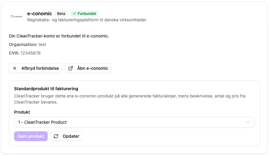 Forbundet e-conomic-kort med CleanTracker Product valgt under Standardprodukt til fakturering og knapperne Gem produkt og Opdater.