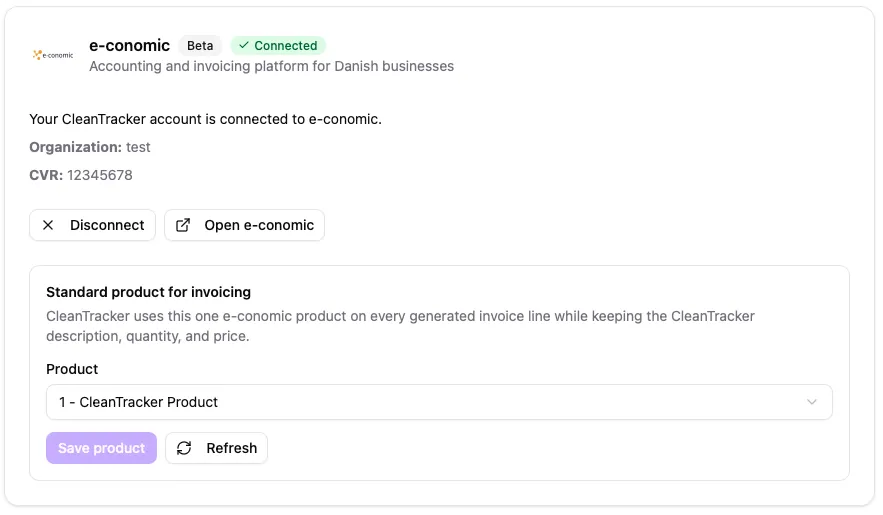 The connected e-conomic card with CleanTracker Product selected under Standard product for invoicing, and the Save product and Refresh buttons.
