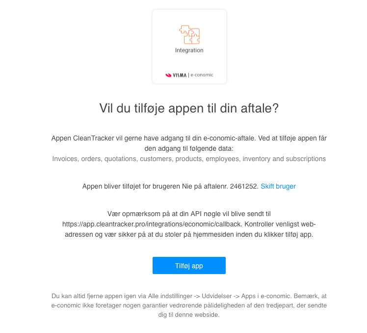 e-conomics godkendelsesside, hvor CleanTracker tilføjes til den valgte aftale med knappen Tilføj app.