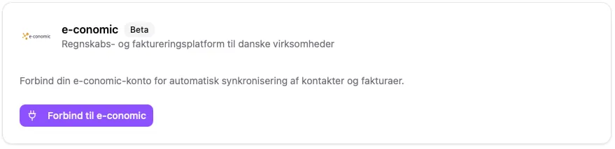 e-conomic-integrationen i CleanTracker med knappen Forbind til e-conomic.