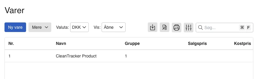 Dänische Produktliste in e-conomic mit Produktnummer 1 und dem Namen CleanTracker Product.