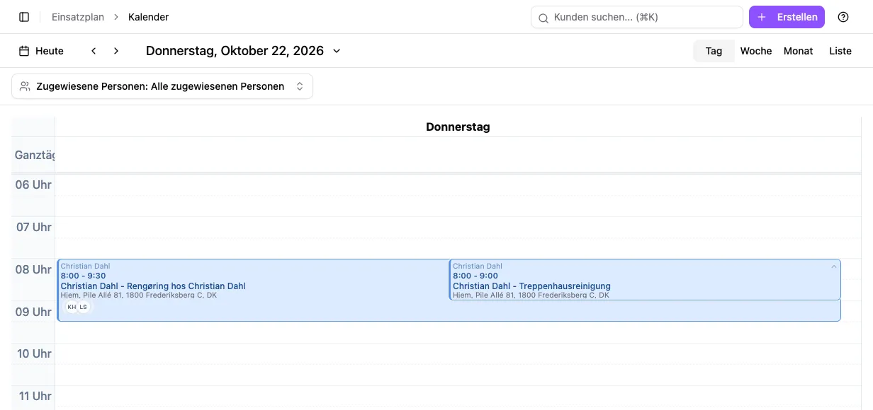 Deutscher CleanTracker-Kalender mit aufgeklappter Einsatzgruppe und einzeln sichtbaren Einsätzen.