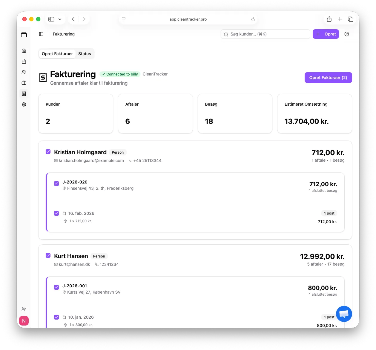 CleanTracker side til oprettelse af fakturaer med genererede fakturaopgaver klar til gennemgang og indsendelse.