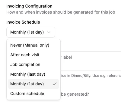 CleanTracker job setup showing invoice configuration and invoicing schedule options.