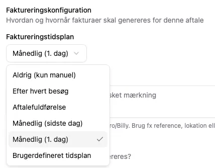CleanTracker aftaleopsætning med faktureringskonfiguration og valg af faktureringstidsplan.