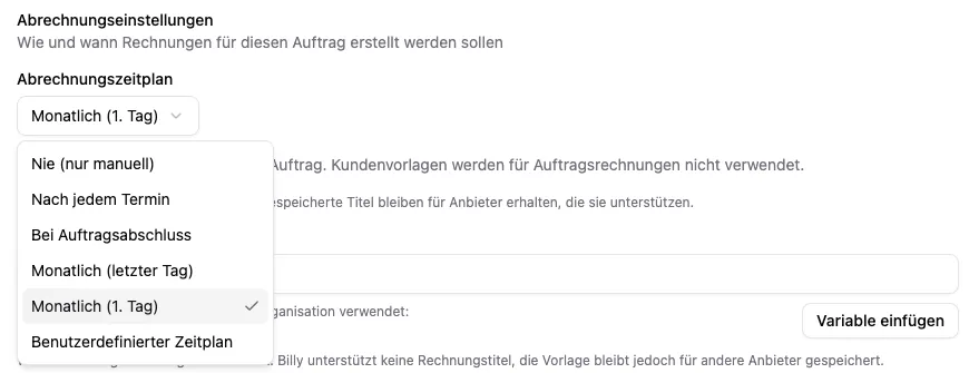 Deutsche Abrechnungseinstellungen eines CleanTracker-Auftrags mit Auswahl des Abrechnungsrhythmus.