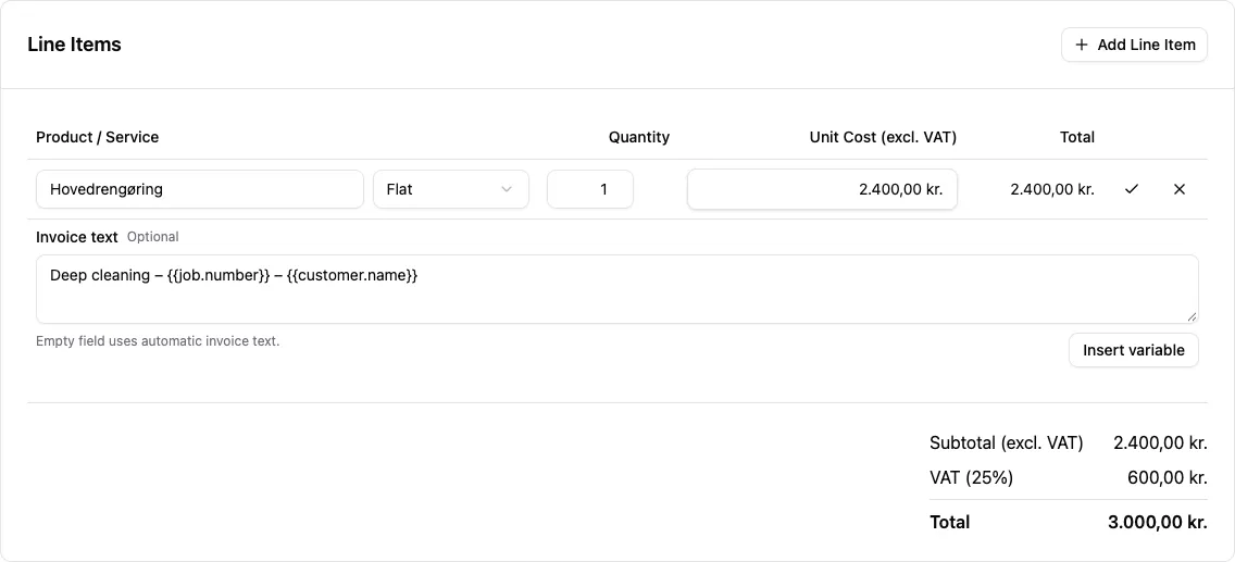 A job line being edited with separate invoice text using the job number and customer name, and a checkmark to save.