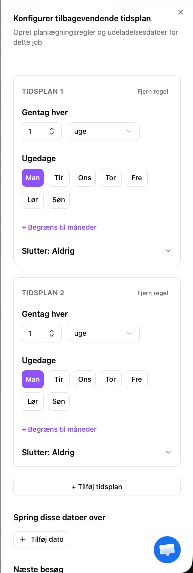 Dialog for tilbagevendende tidsplan med TIDSPLAN 1, TIDSPLAN 2 og knappen Tilføj tidsplan til flere regler.