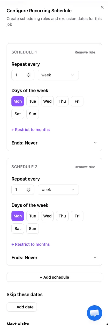 Recurring schedule dialog showing Schedule 1 and Schedule 2 with an Add schedule button for multiple rules.