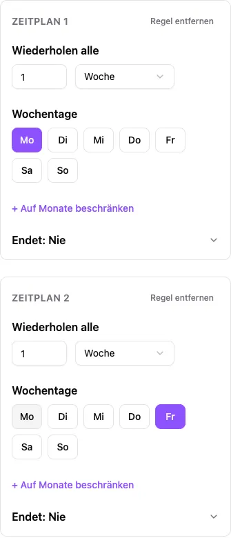 Zwei Zeitplanregeln: wöchentlich am Montag und wöchentlich am Freitag.