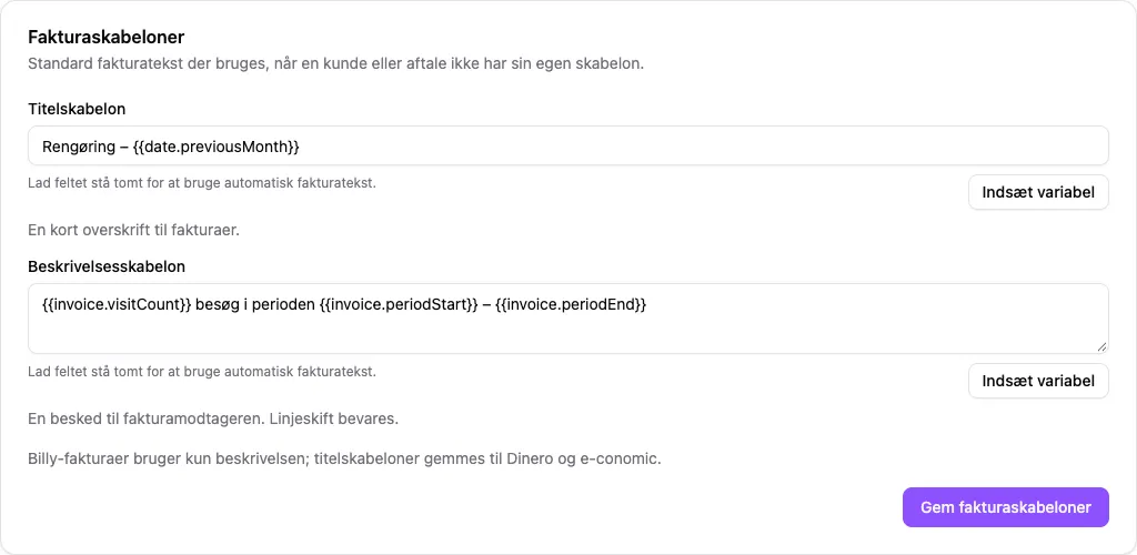 Organisationens fakturaskabeloner med forrige måned i titlen og antal besøg samt periodedatoer i beskrivelsen.