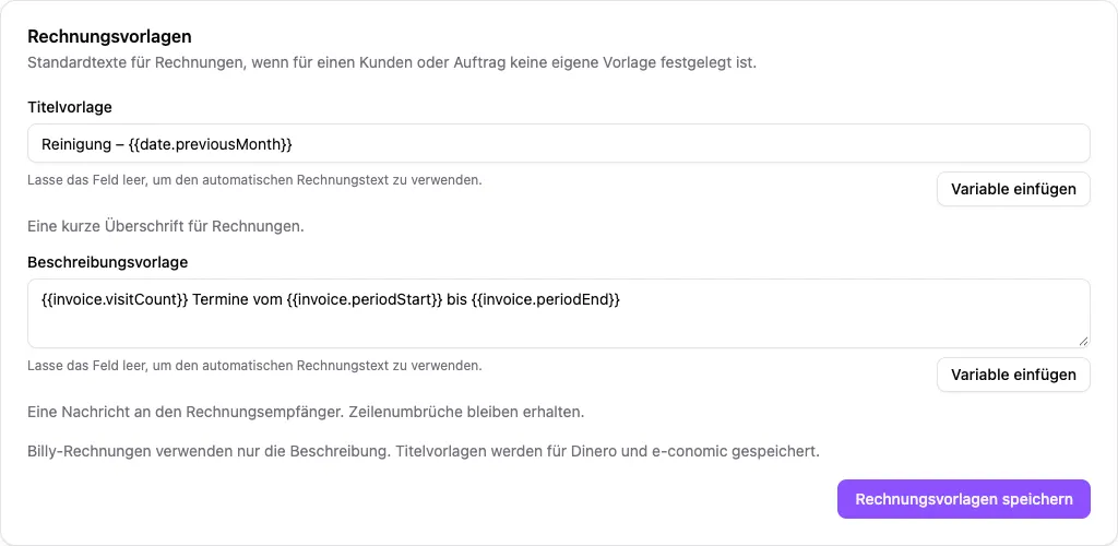 Rechnungsvorlagen der Organisation mit dem Vormonat im Titel sowie Terminanzahl und Zeitraum in der Beschreibung.