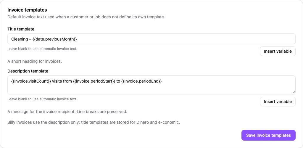 Organization invoice templates with a previous-month title and a description using visit count and period dates.