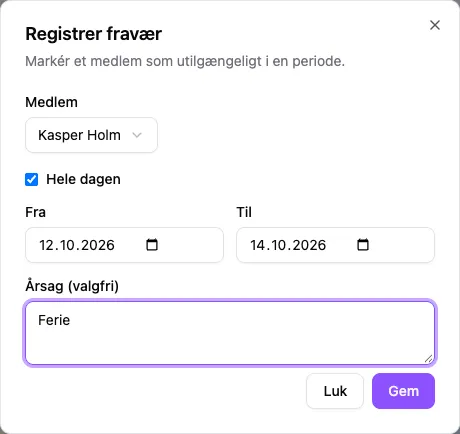 Dialogen Registrer fravær med Kasper Holm valgt, Hele dagen markeret og Ferie fra den 12. til og med den 14. oktober.