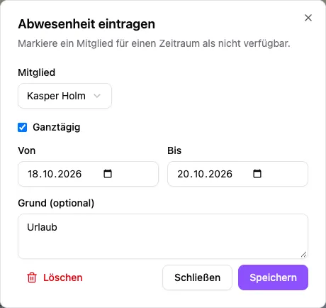 Geöffneter Abwesenheitseintrag für Kasper Holm: ganztägiger Urlaub vom 18. bis einschließlich 20. Oktober.