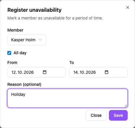 Register unavailability dialog with Kasper Holm selected, All day checked, and Holiday covering 12 through 14 October.