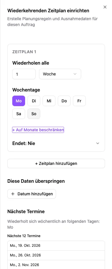 Dialog für wiederkehrende Zeitpläne mit Intervall, Wochentagen, Ausnahmen und Vorschau der nächsten Termine.