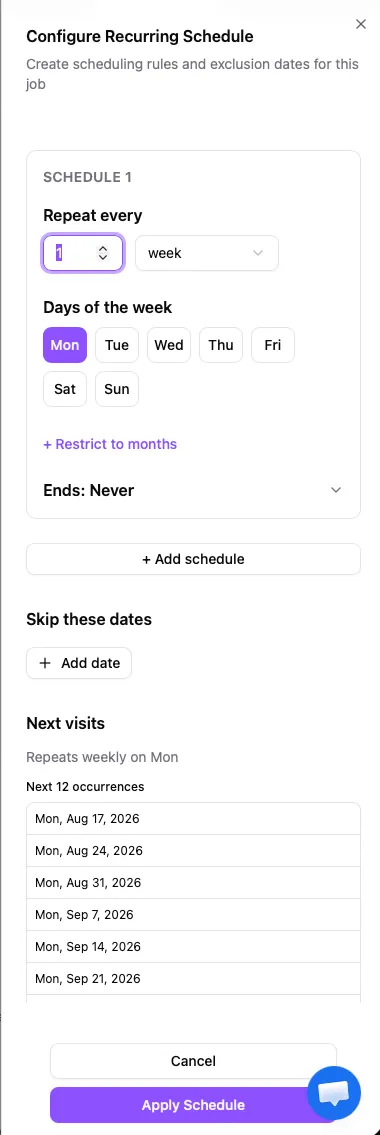 Recurring schedule configuration with repeat interval, week unit, weekday selection, skip dates area, and next visits preview.