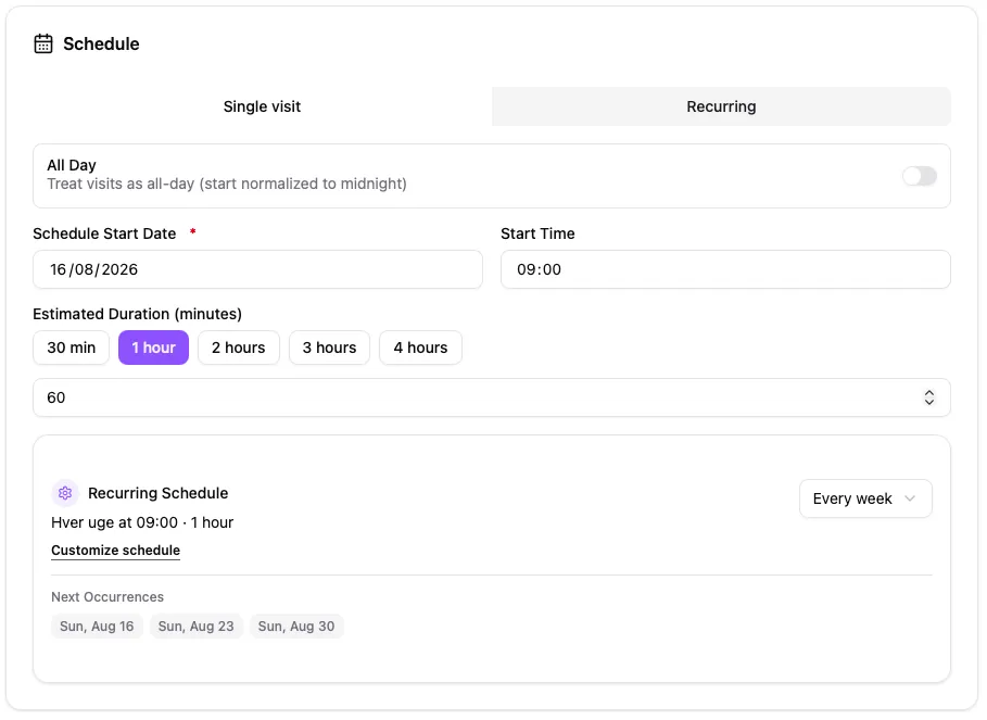Job schedule section showing Single visit and Recurring, start date, start time, estimated duration, and a recurring schedule summary with next occurrences.