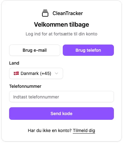 CleanTracker log ind-skærm med telefonnummer-login, landevalg og Send kode.