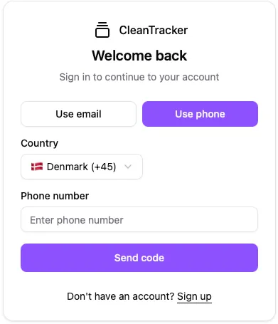 CleanTracker sign-in screen showing phone number login with country selector and Send code action.