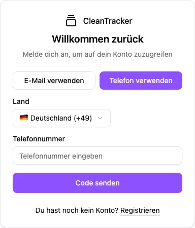 Deutsche CleanTracker-Anmeldung per Telefonnummer mit Länderauswahl und Schaltfläche zum Senden des Codes.