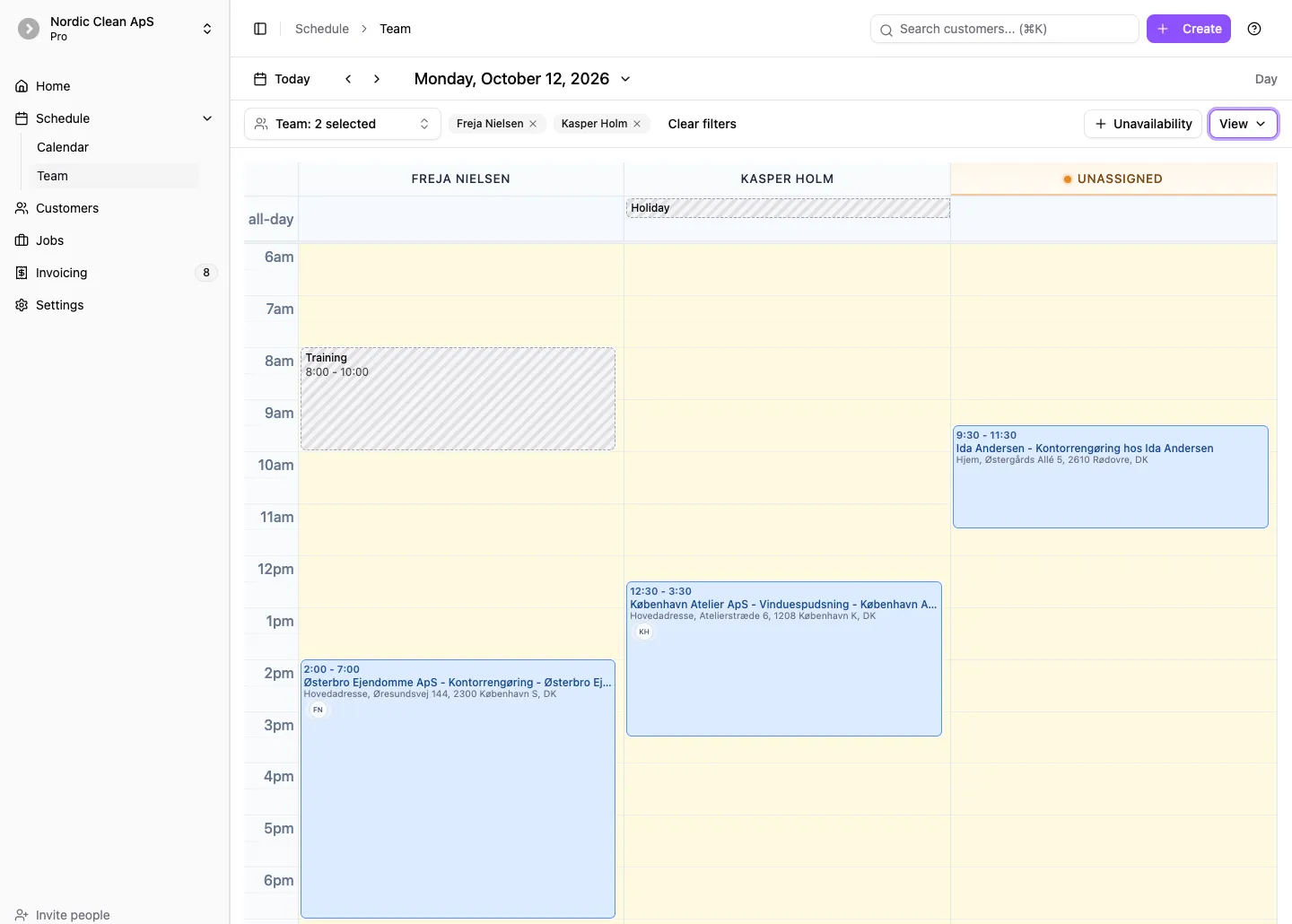 Team calendar with a timed Training block for Freja Nielsen, an all-day Holiday block for Kasper Holm, and a separate Unassigned visit.