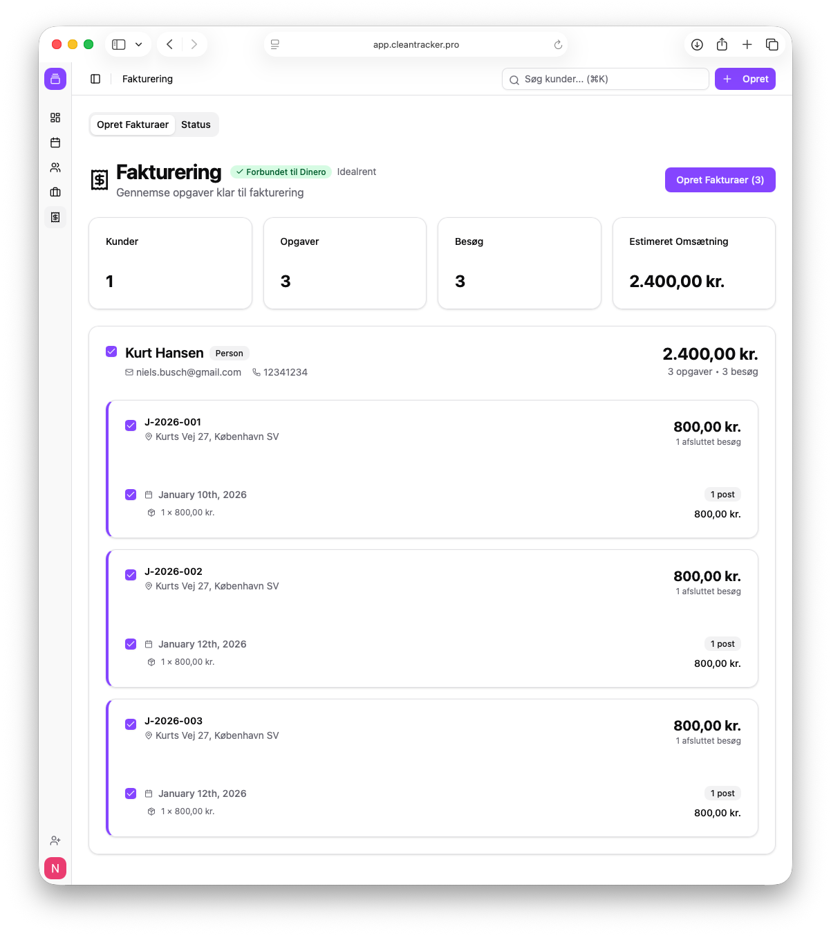 CleanTracker invoicing dashboard with line items and status.